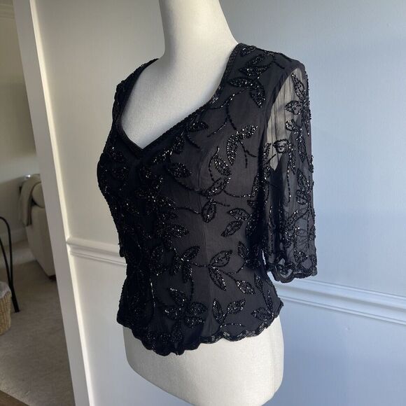 Vintage Small Beaded Black Blouse Sheer Sleeve Goth Steampunk Prom Event Lined - Picture 4 of 14